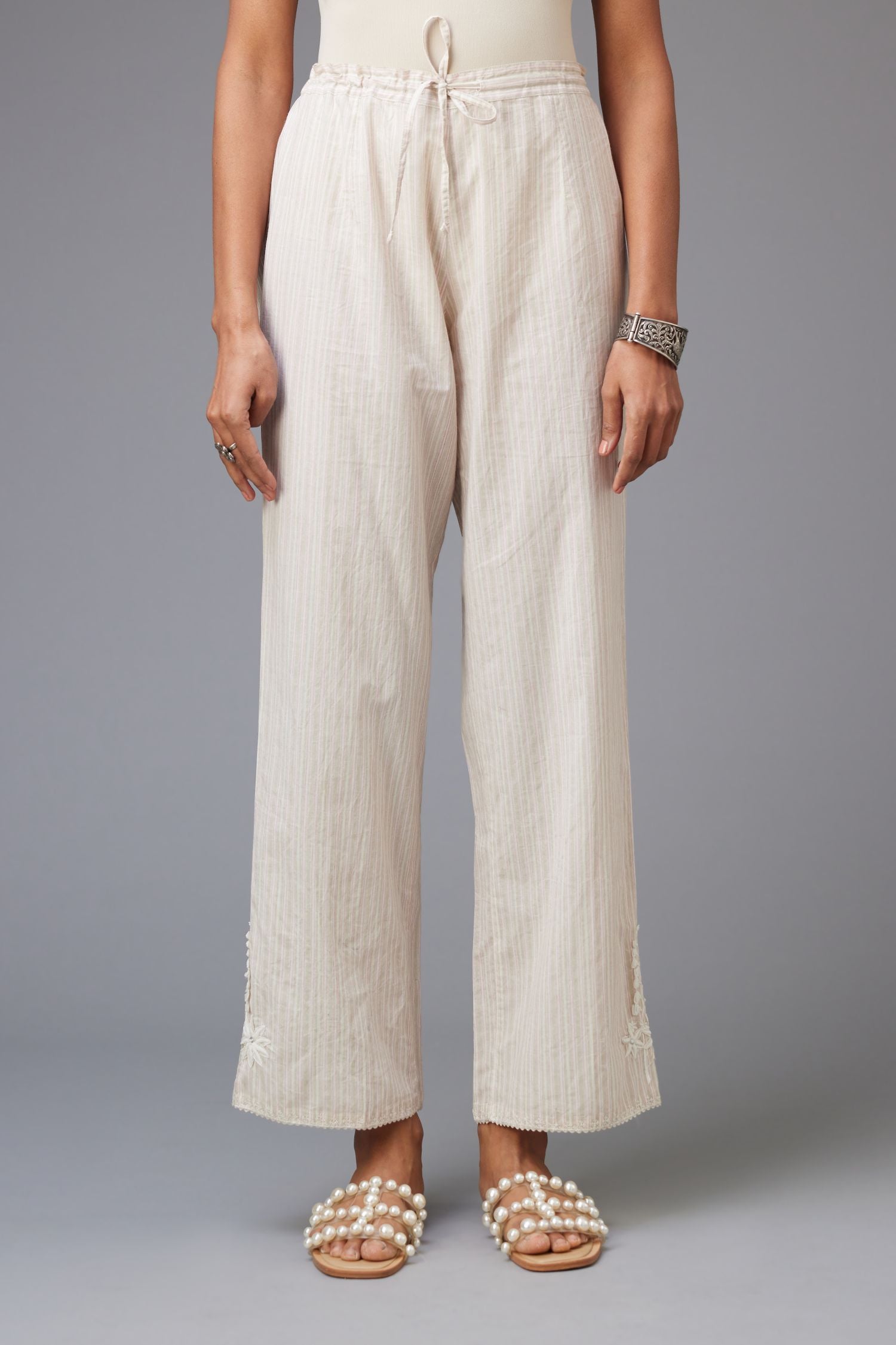 Pink and grey printed stripe Cotton straight pants with a chiffon embroidered boota at the hem.