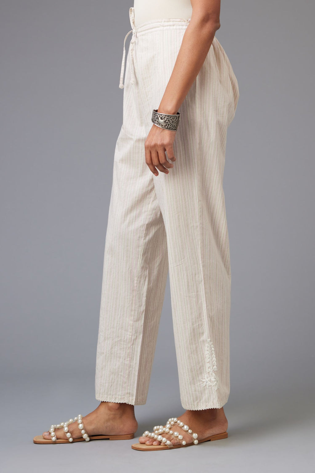 Pink and grey printed stripe Cotton straight pants with a chiffon embroidered boota at the hem.