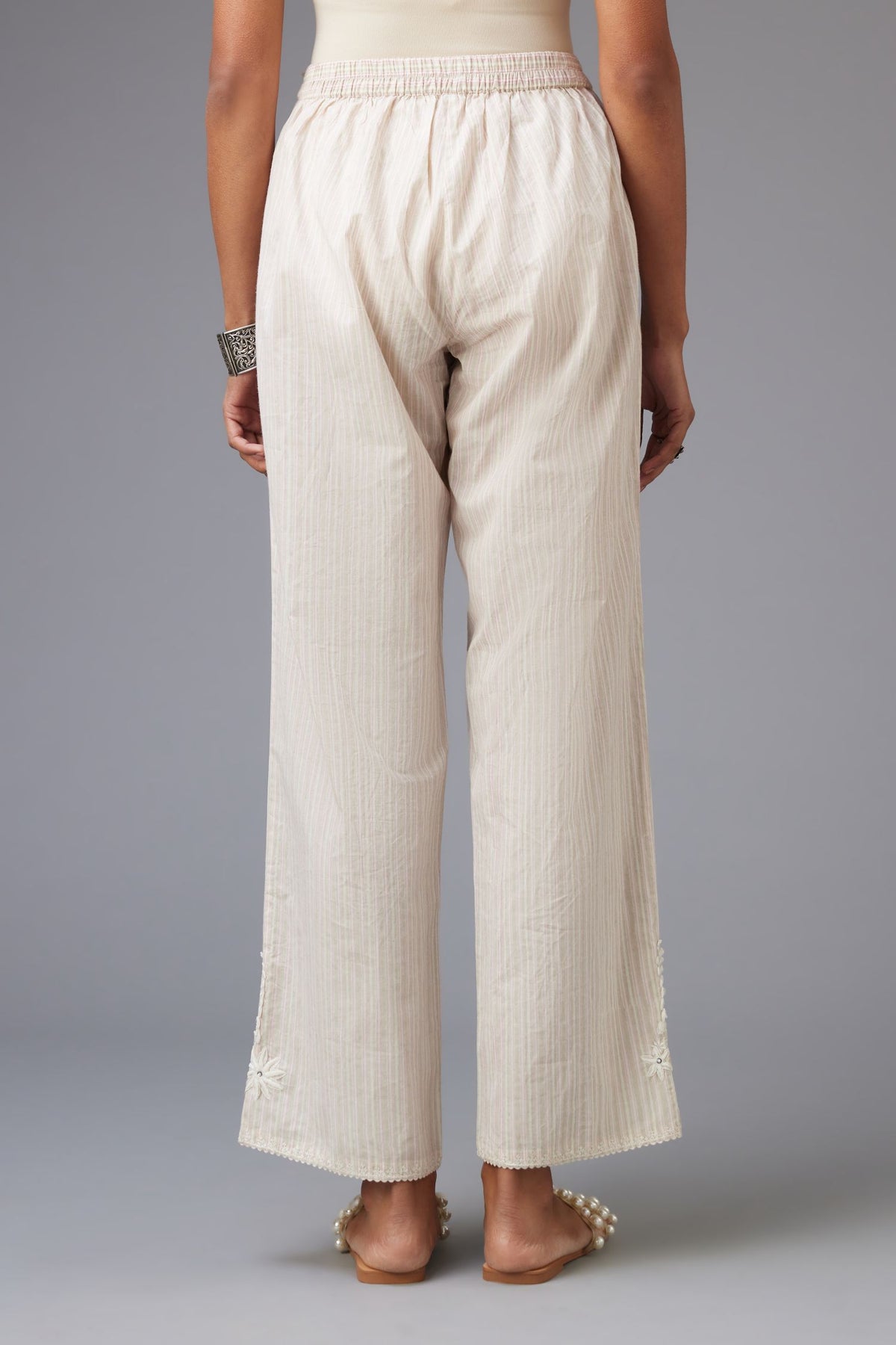 Pink and grey printed stripe Cotton straight pants with a chiffon embroidered boota at the hem.