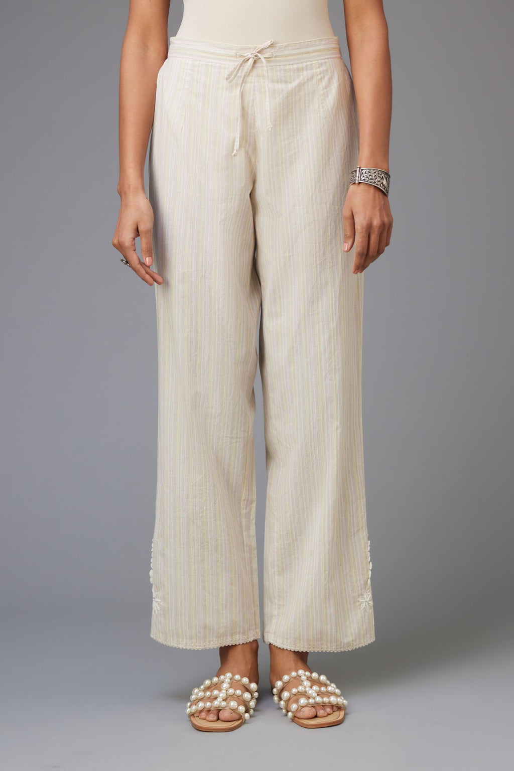 Yellow & pink printed stripe Cotton straight pants with a chiffon embroidered boota at the hem.