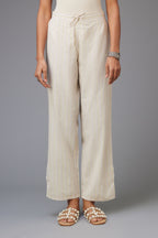 Yellow & pink printed stripe Cotton straight pants with a chiffon embroidered boota at the hem.
