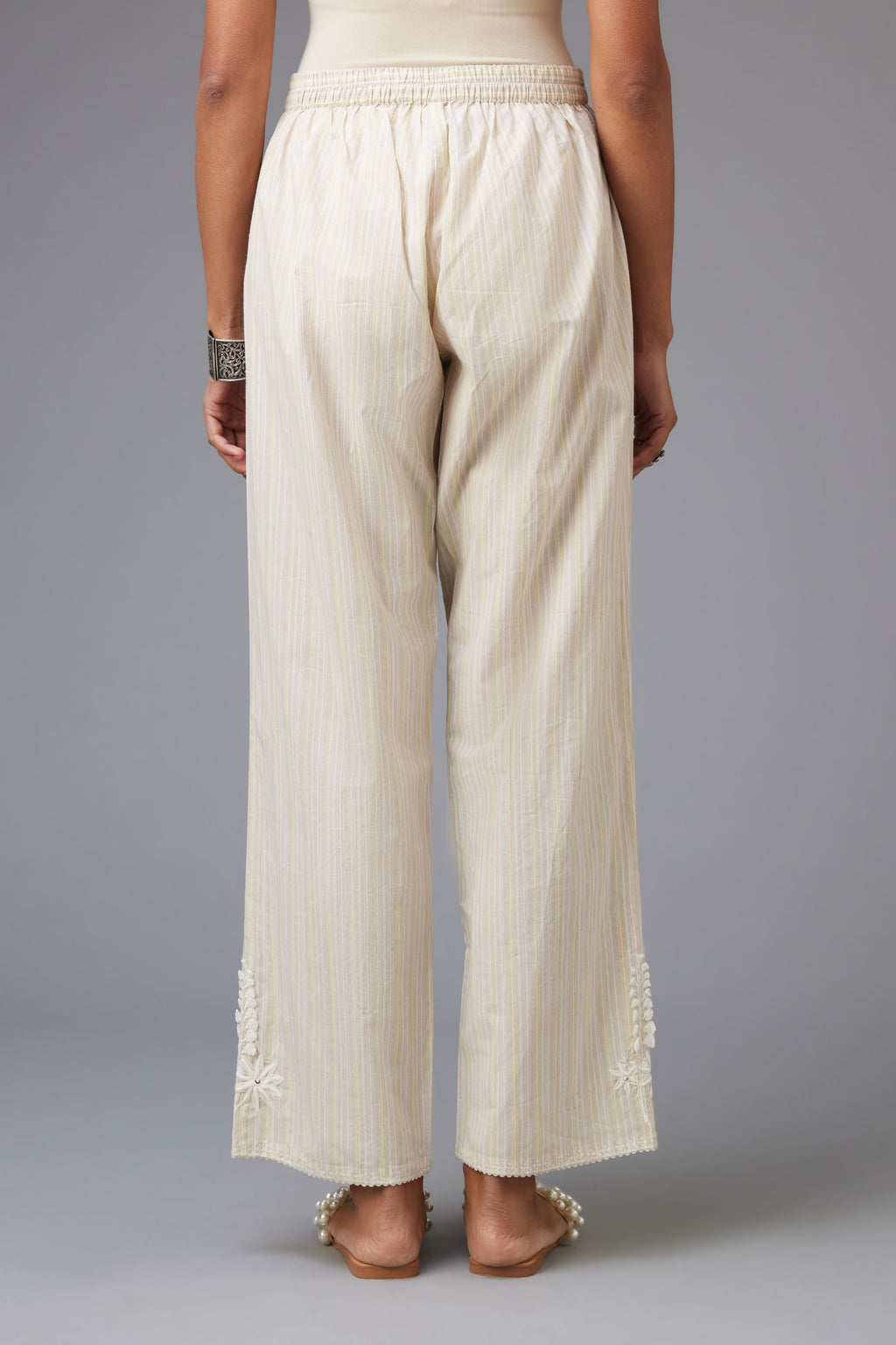 Yellow & pink printed stripe Cotton straight pants with a chiffon embroidered boota at the hem.