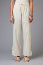 Multi printed stripe Cotton straight pants with a chiffon embroidered boota at the hem.