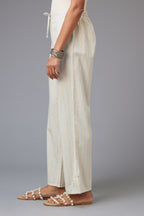 Multi printed stripe Cotton straight pants with a chiffon embroidered boota at the hem.