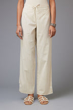 Yellow and grey stripe cotton straight pants with a chiffon embroidered boota at the hem.