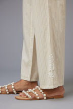 Yellow and grey stripe cotton straight pants with a chiffon embroidered boota at the hem.