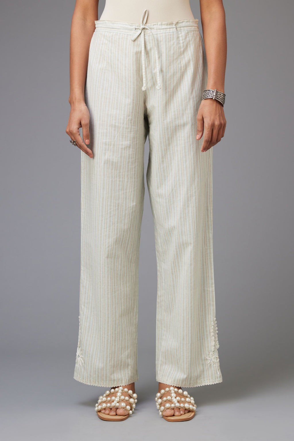 Blue and grey printed stripe Cotton straight pants with a chiffon embroidered boota at the hem.