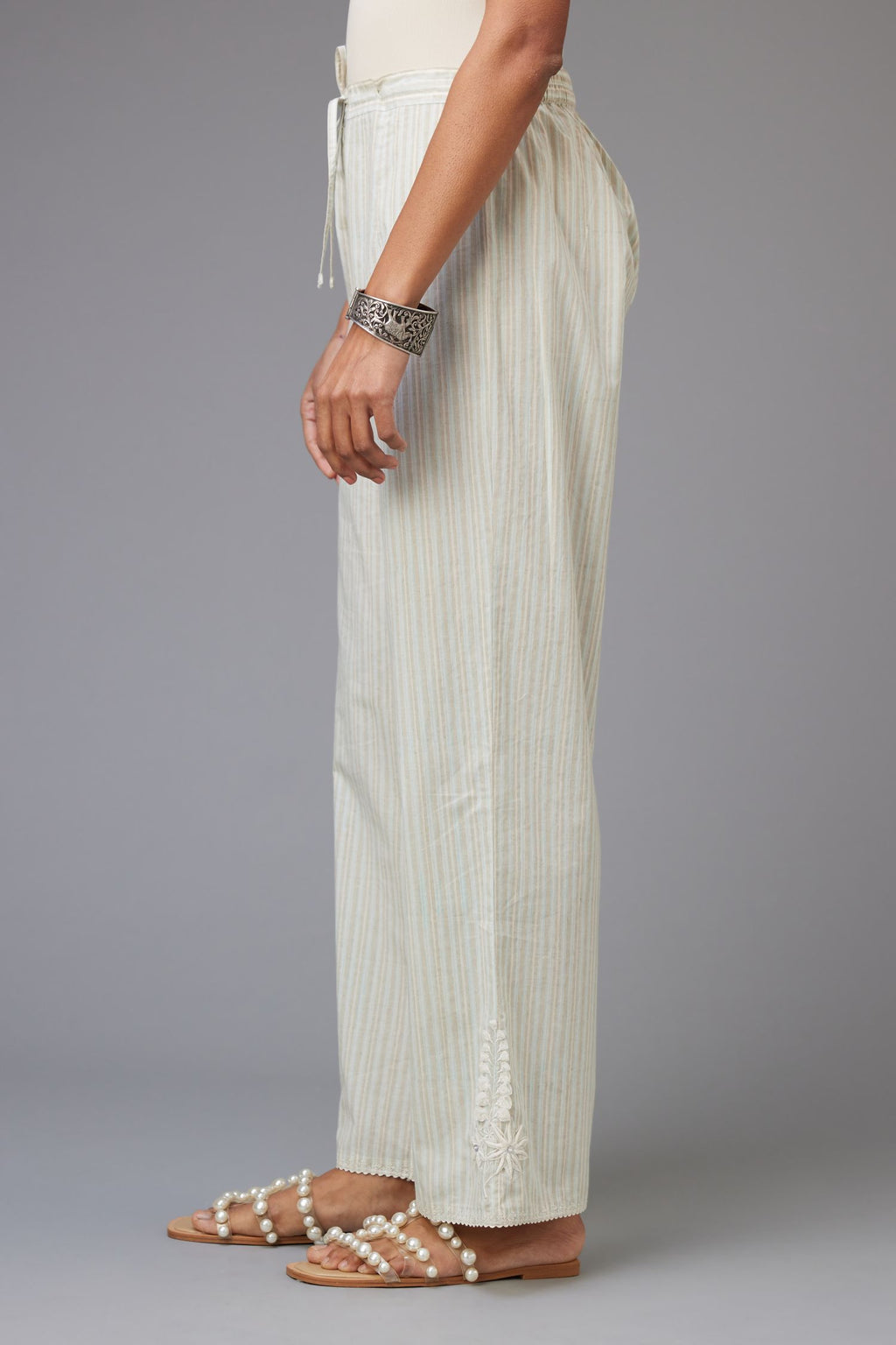 Blue and grey printed stripe Cotton straight pants with a chiffon embroidered boota at the hem.