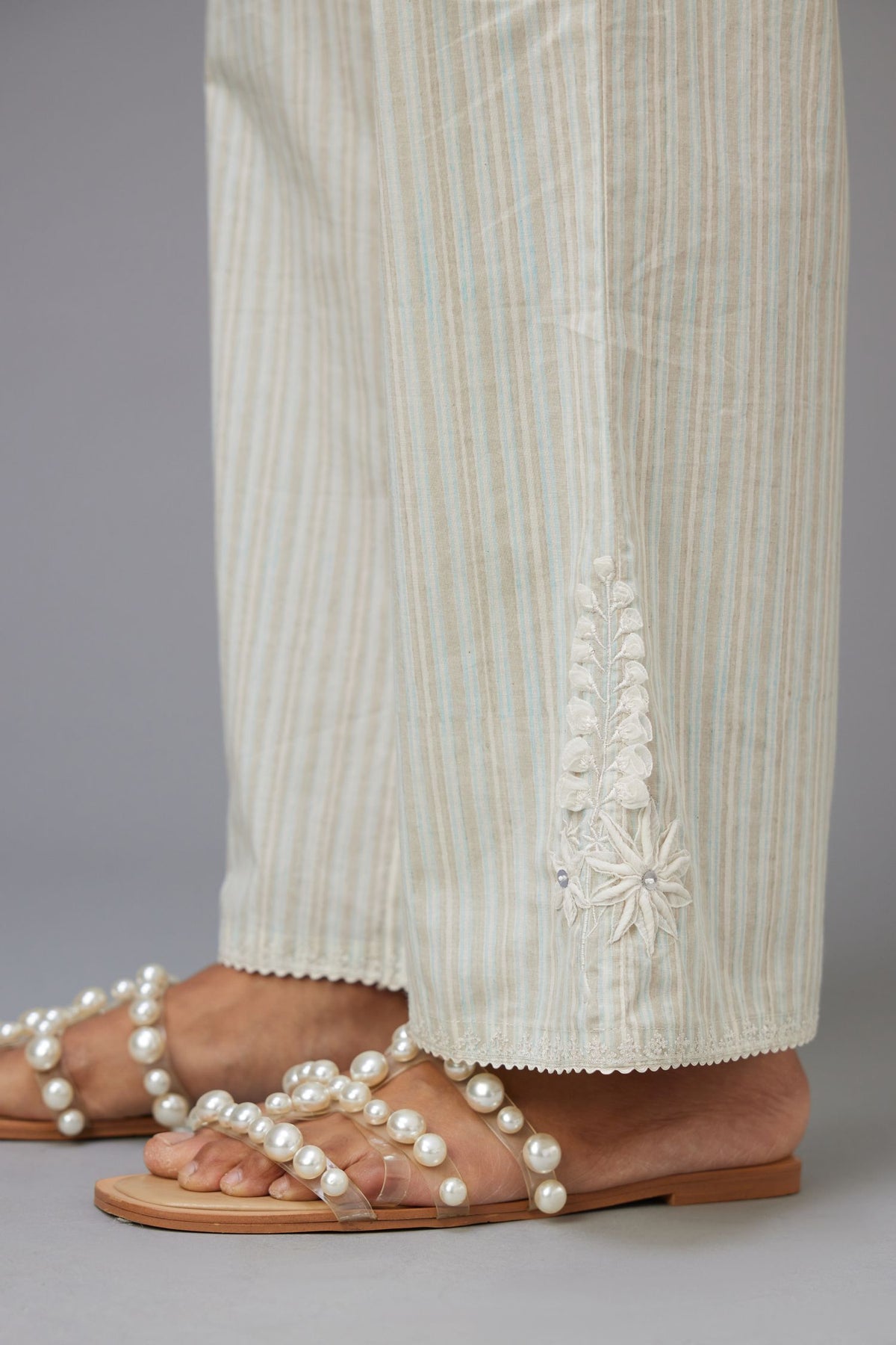 Blue and grey printed stripe Cotton straight pants with a chiffon embroidered boota at the hem.