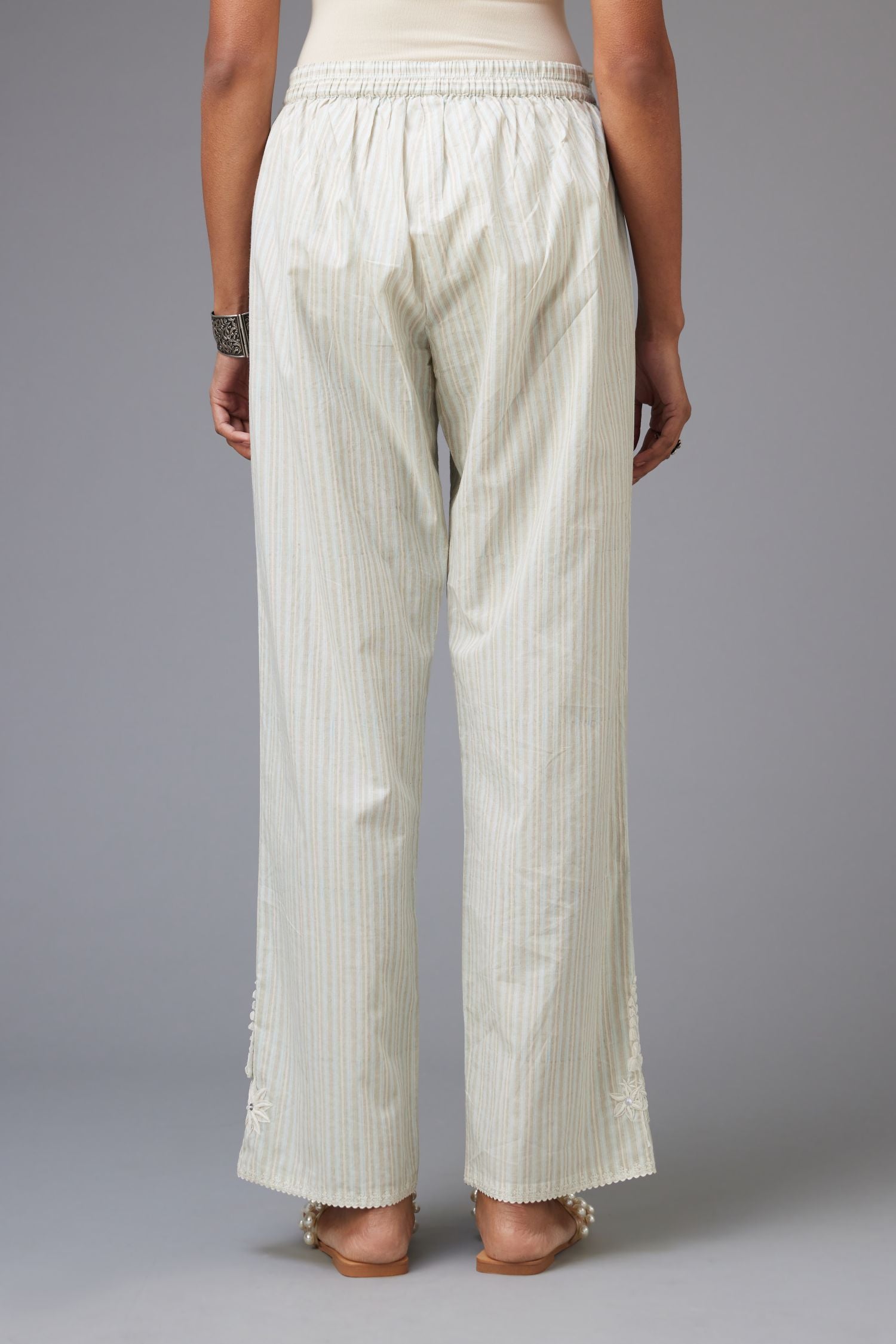 Blue and grey printed stripe Cotton straight pants with a chiffon embroidered boota at the hem.