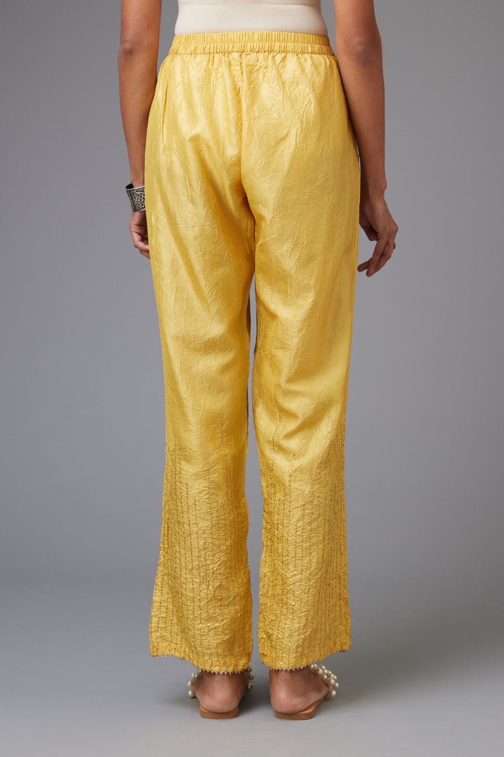 Golden olive hand crushed pure silk straight pants with gold