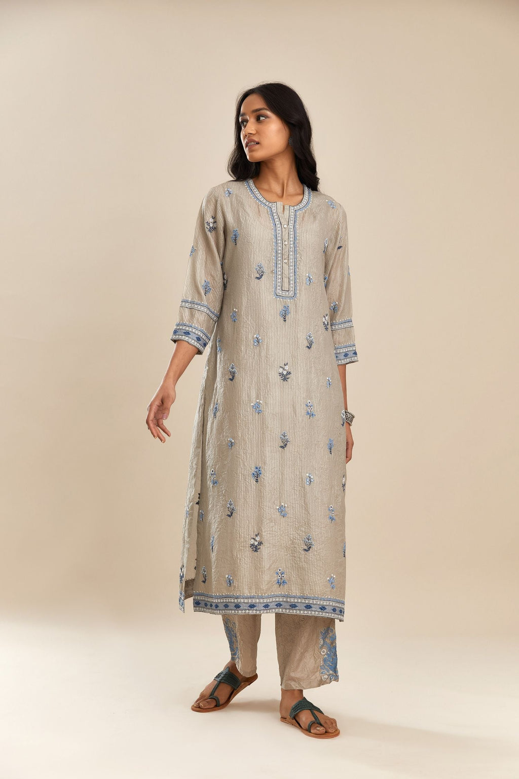 Hand crushed embroidered silk straight kurta set