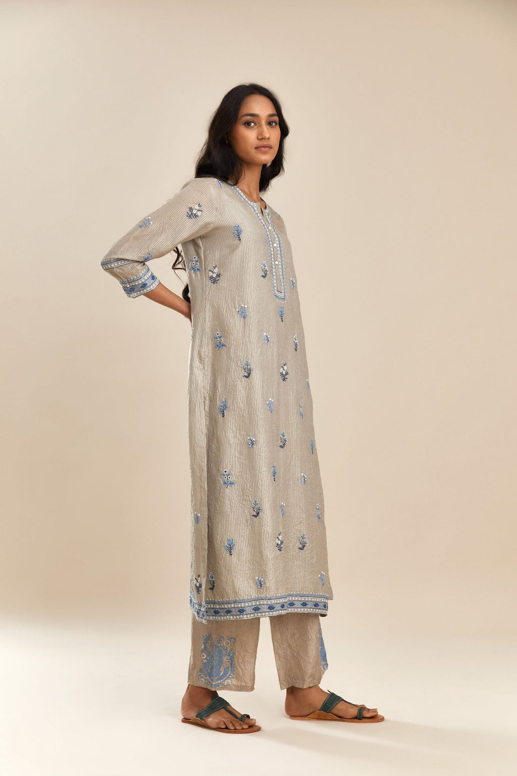 Hand crushed embroidered silk straight kurta set