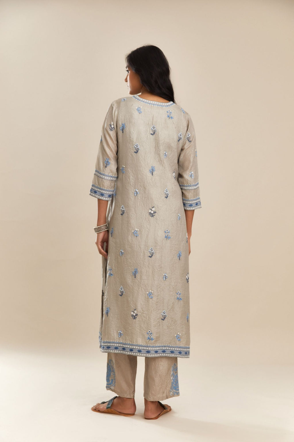 Hand crushed embroidered silk straight kurta set