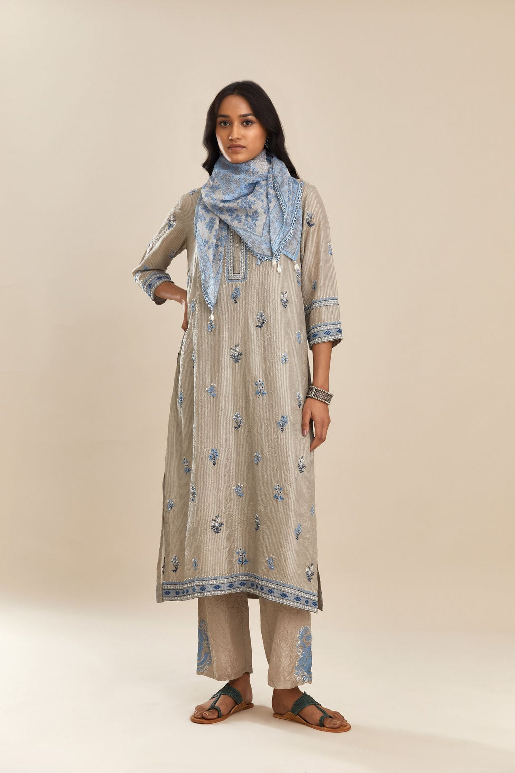 Hand crushed embroidered silk straight kurta set