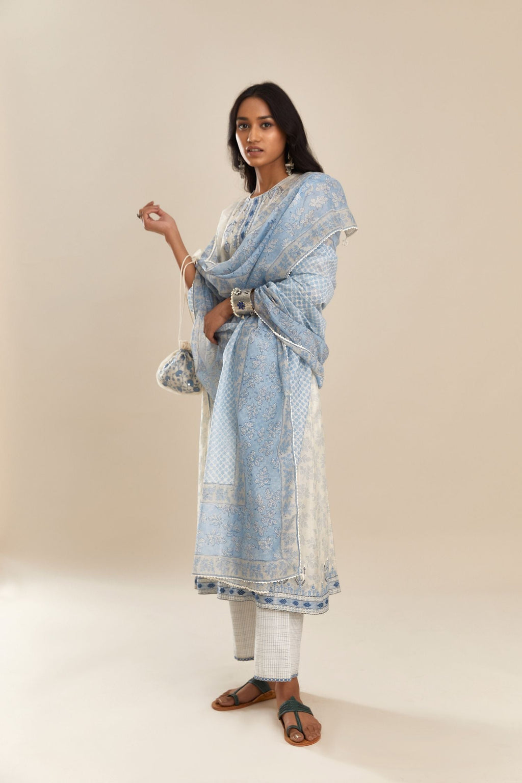 Blue & off white silk chanderi kurta set with all over hand block print