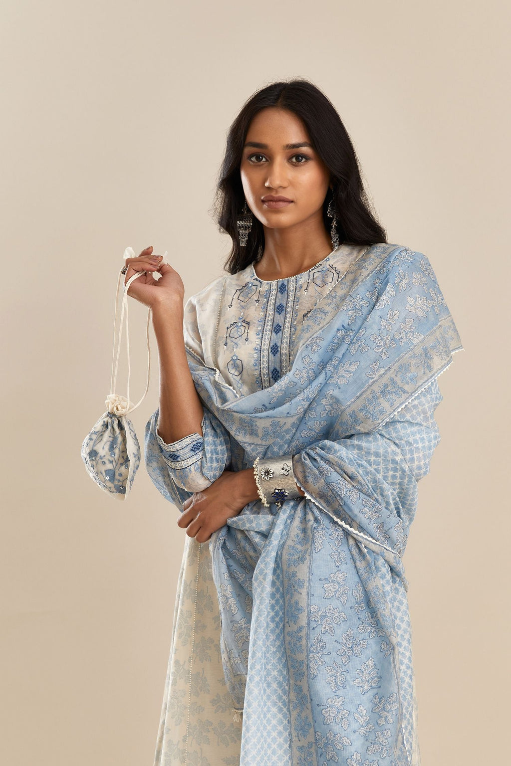 Blue & off white silk chanderi kurta set with all over hand block print