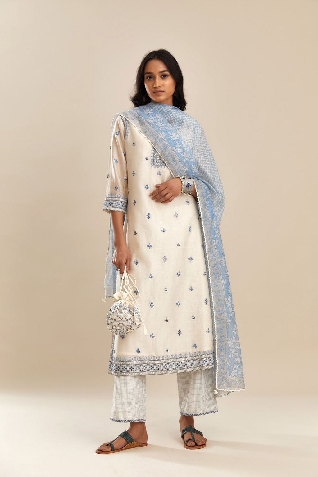 Off-white silk Chanderi kurta set with floral butis.