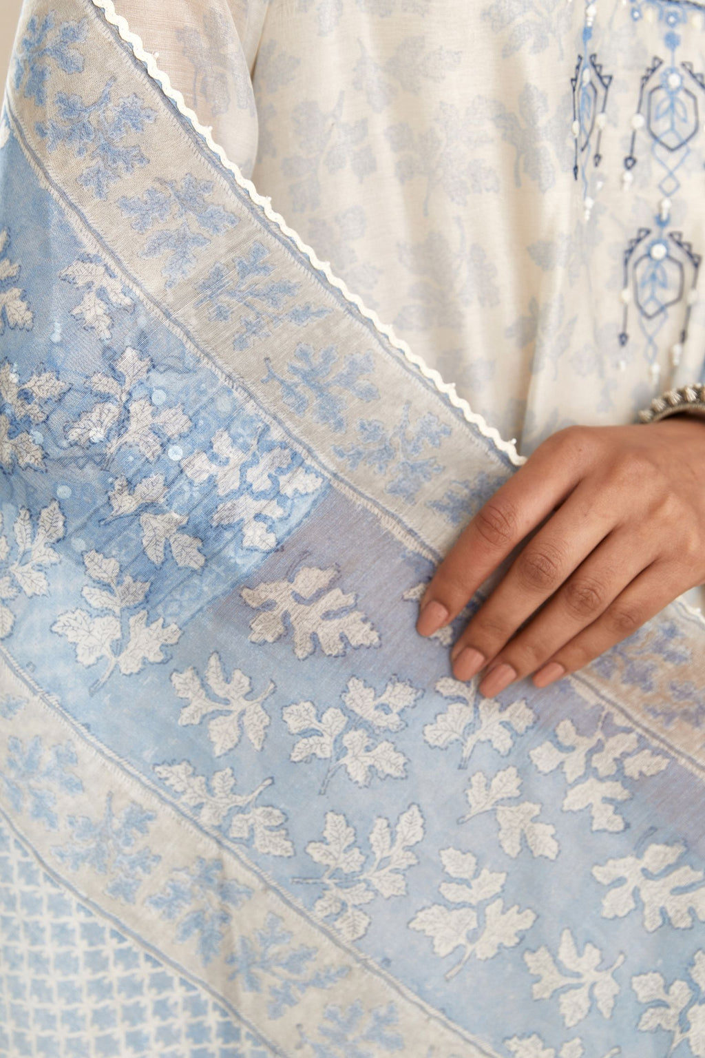 Blue & grey hand block printed cotton Chanderi dupatta.