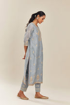 Powder blue silk chanderi straight kurta set with gold gota and zari embroidery.