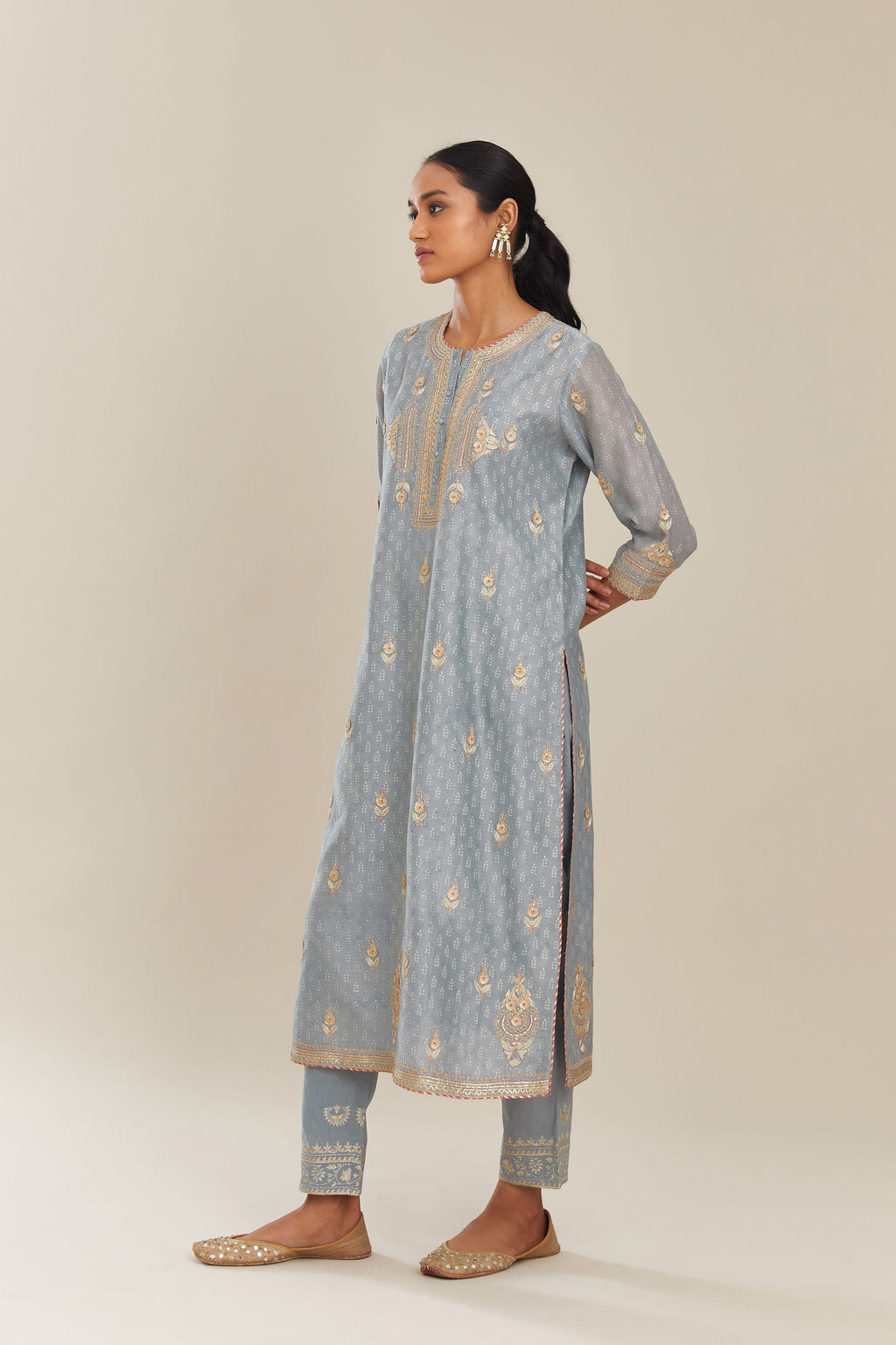 Powder blue silk chanderi straight kurta set with gold gota and zari embroidery.