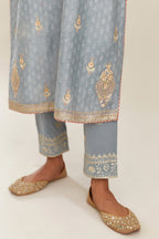 Powder blue silk chanderi straight kurta set with gold gota and zari embroidery.