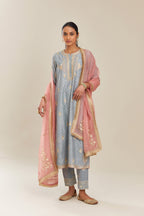 Powder blue silk chanderi straight kurta set with gold gota and zari embroidery.
