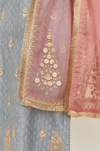 Pink silk organza dupatta with delicate gold zari and gota embroidery border running along all edges.