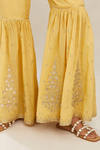 Yellow silk chanderi short kurta set with all over heavy gold gota and zari embroidery