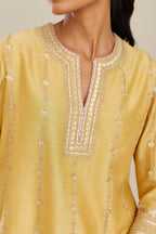 Yellow silk chanderi short kurta set with all over heavy gold gota and zari embroidery