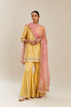 Yellow silk chanderi short kurta set with all over heavy gold gota and zari embroidery