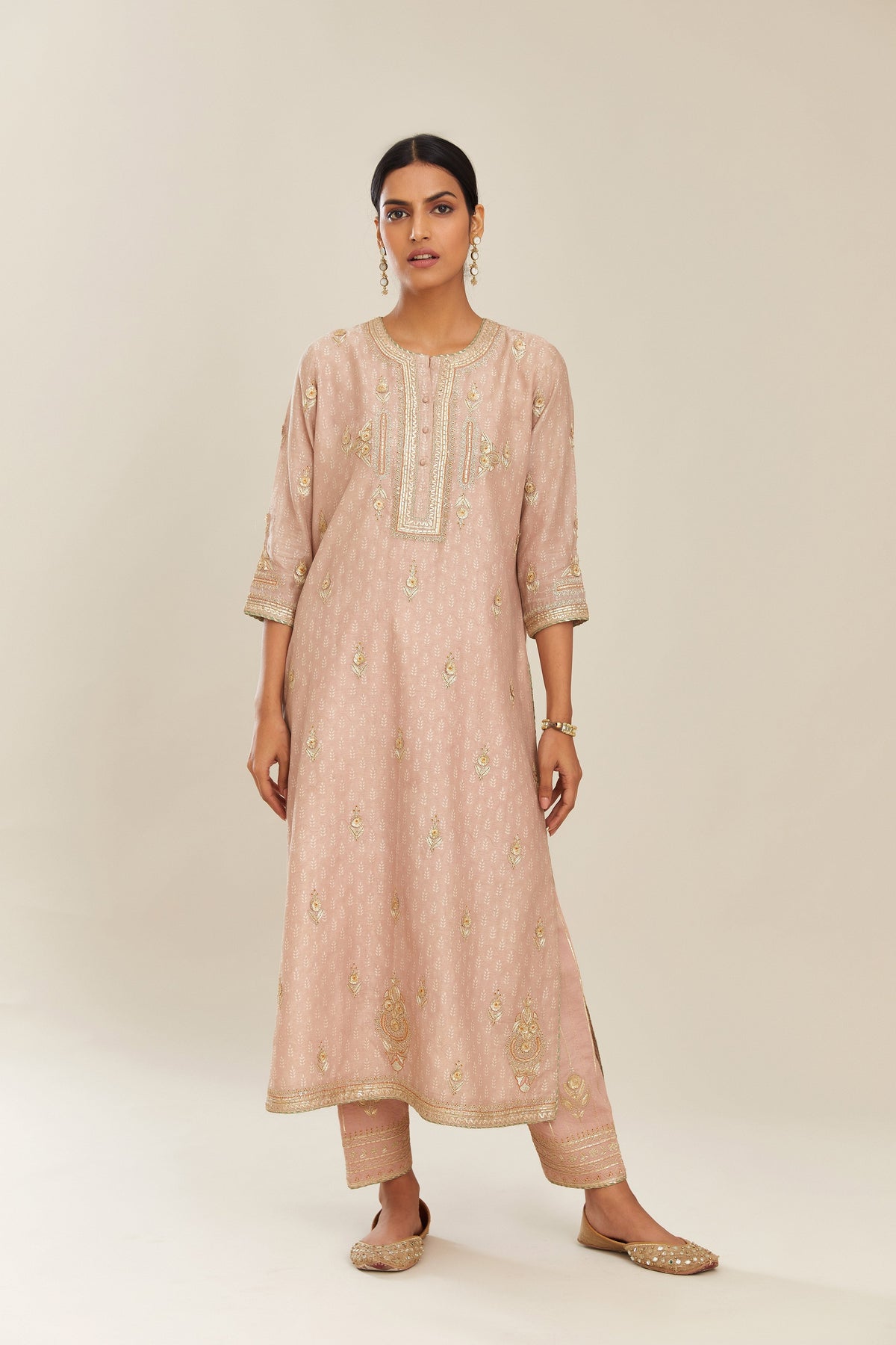 Old rose silk chanderi straight kurta set with gold gota and zari embroidery.