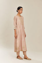 Old rose silk chanderi straight kurta set with gold gota and zari embroidery.