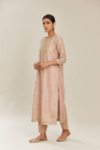 Old rose silk chanderi straight kurta set with gold gota and zari embroidery.