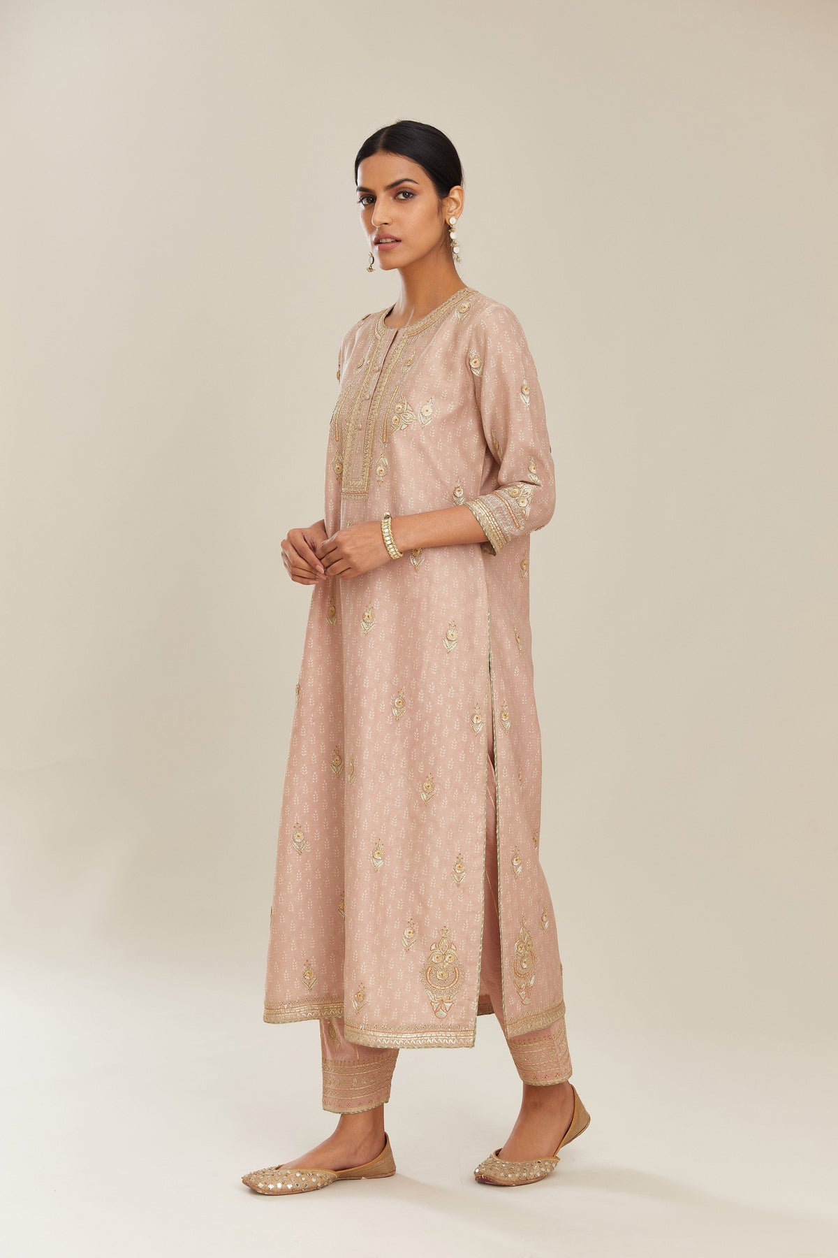 Old rose silk chanderi straight kurta set with gold gota and zari embroidery.