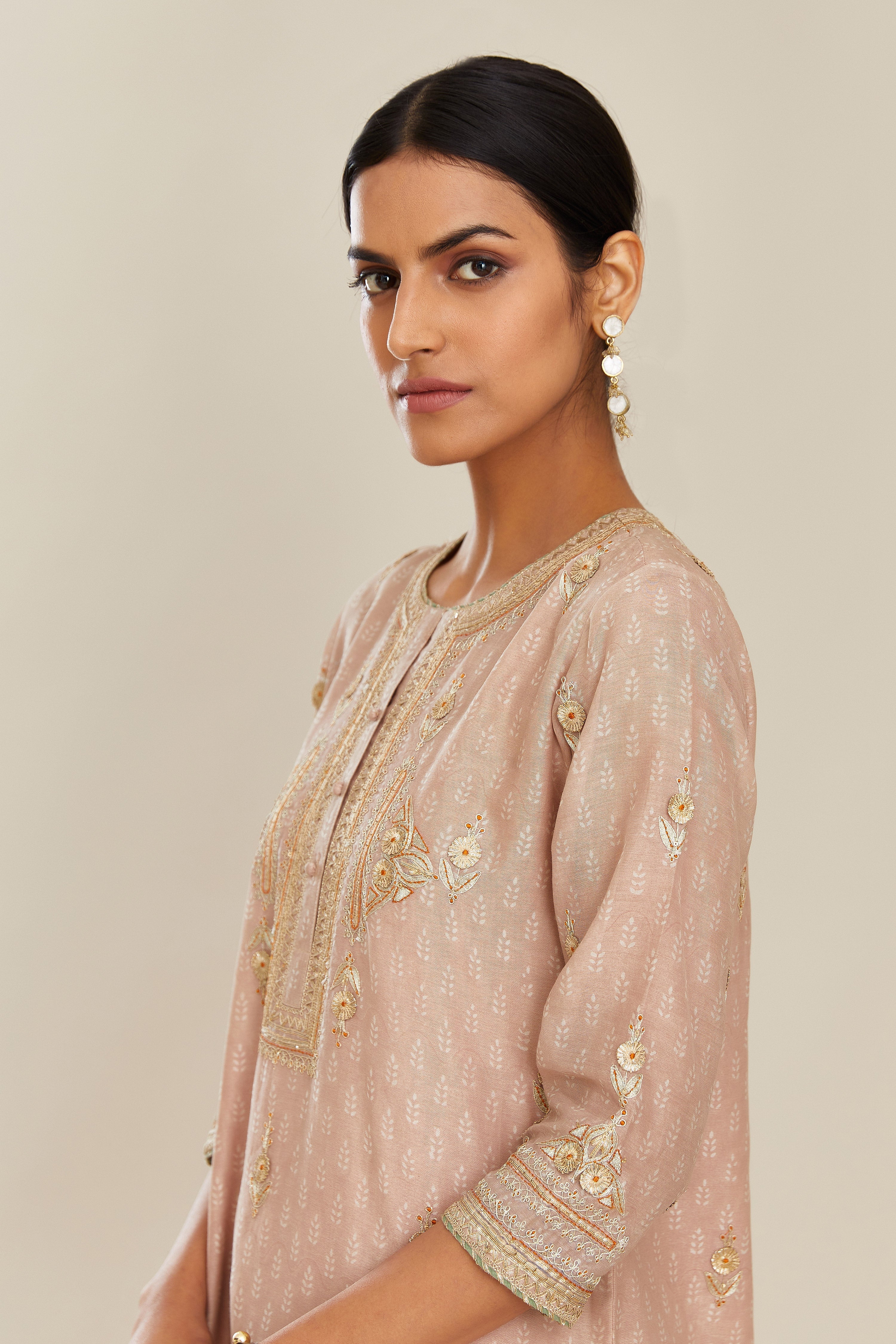 Old rose silk chanderi straight kurta set with gold gota and zari embroidery.