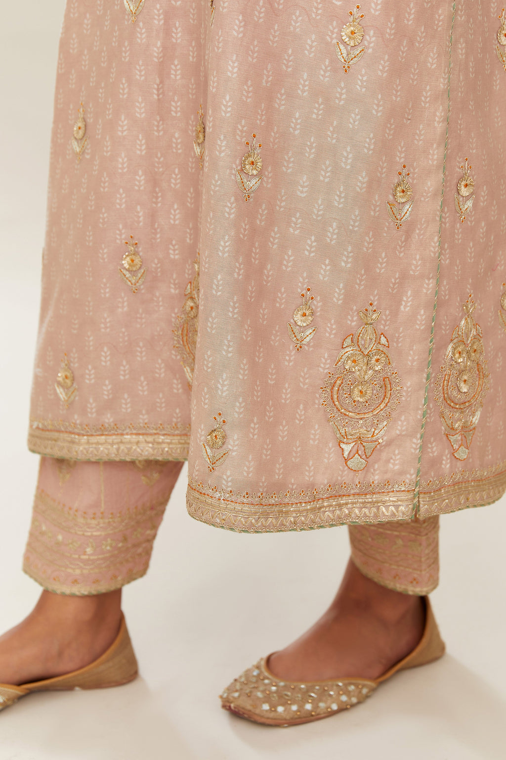 Old rose silk chanderi straight kurta set with gold gota and zari embroidery.