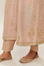 Old rose silk chanderi straight kurta set with gold gota and zari embroidery.
