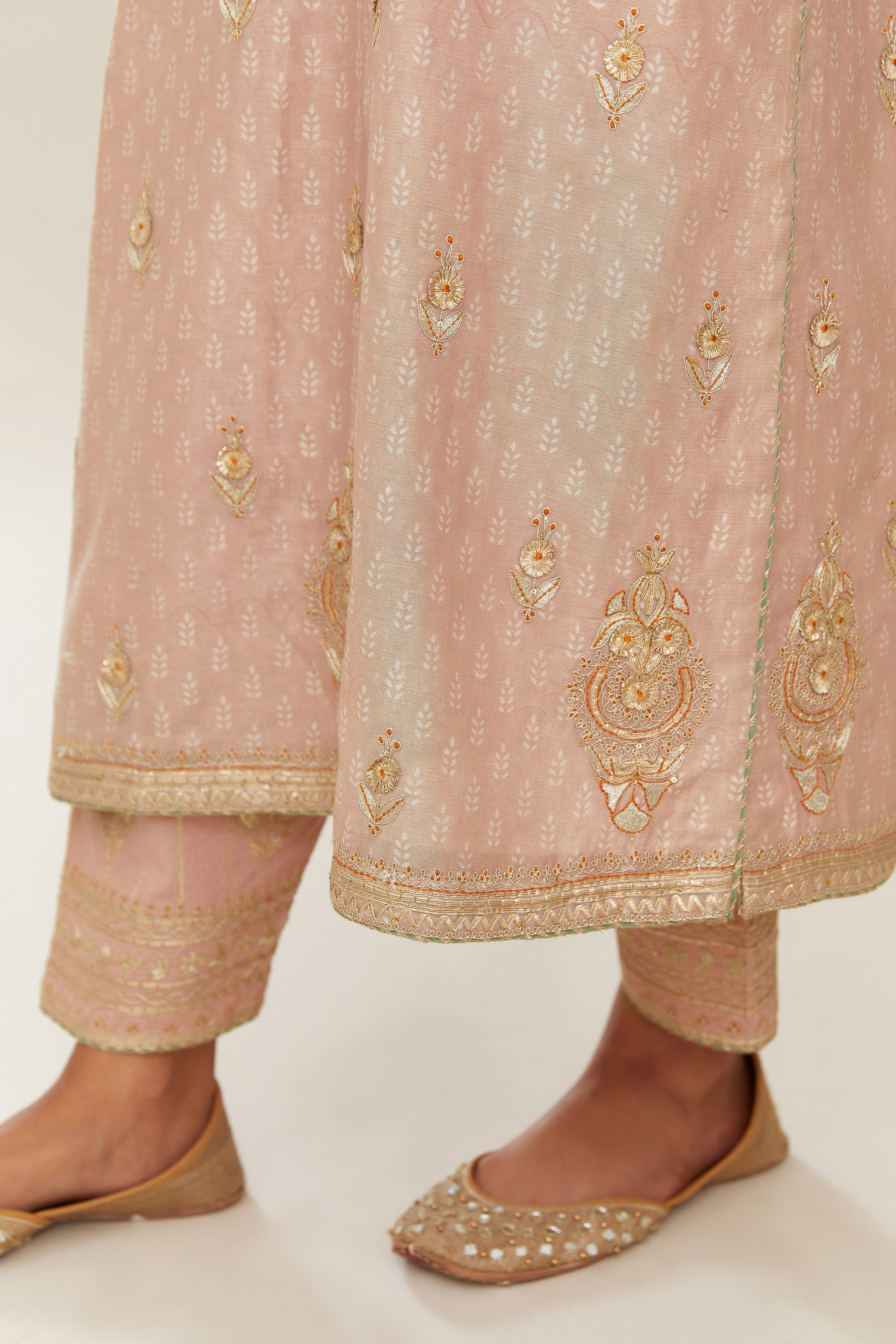 Old rose silk chanderi straight kurta set with gold gota and zari embroidery.