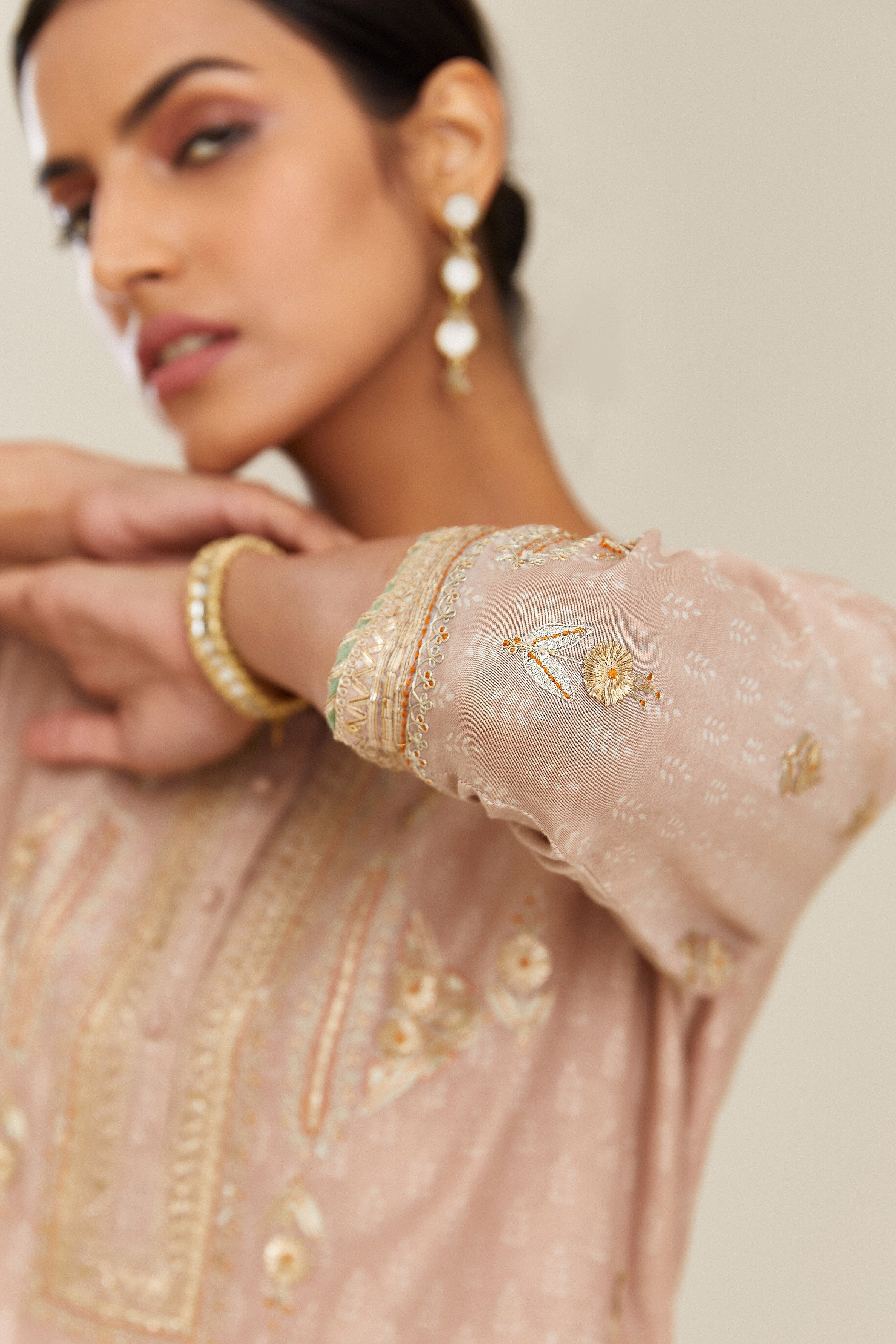 Old rose silk chanderi straight kurta set with gold gota and zari embroidery.