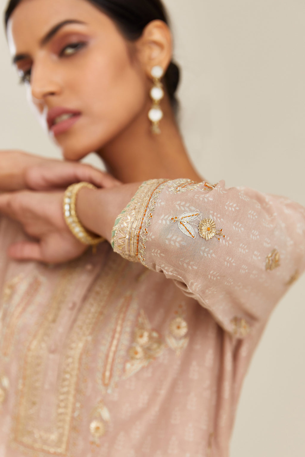 Old rose silk chanderi straight kurta set with gold gota and zari embroidery.