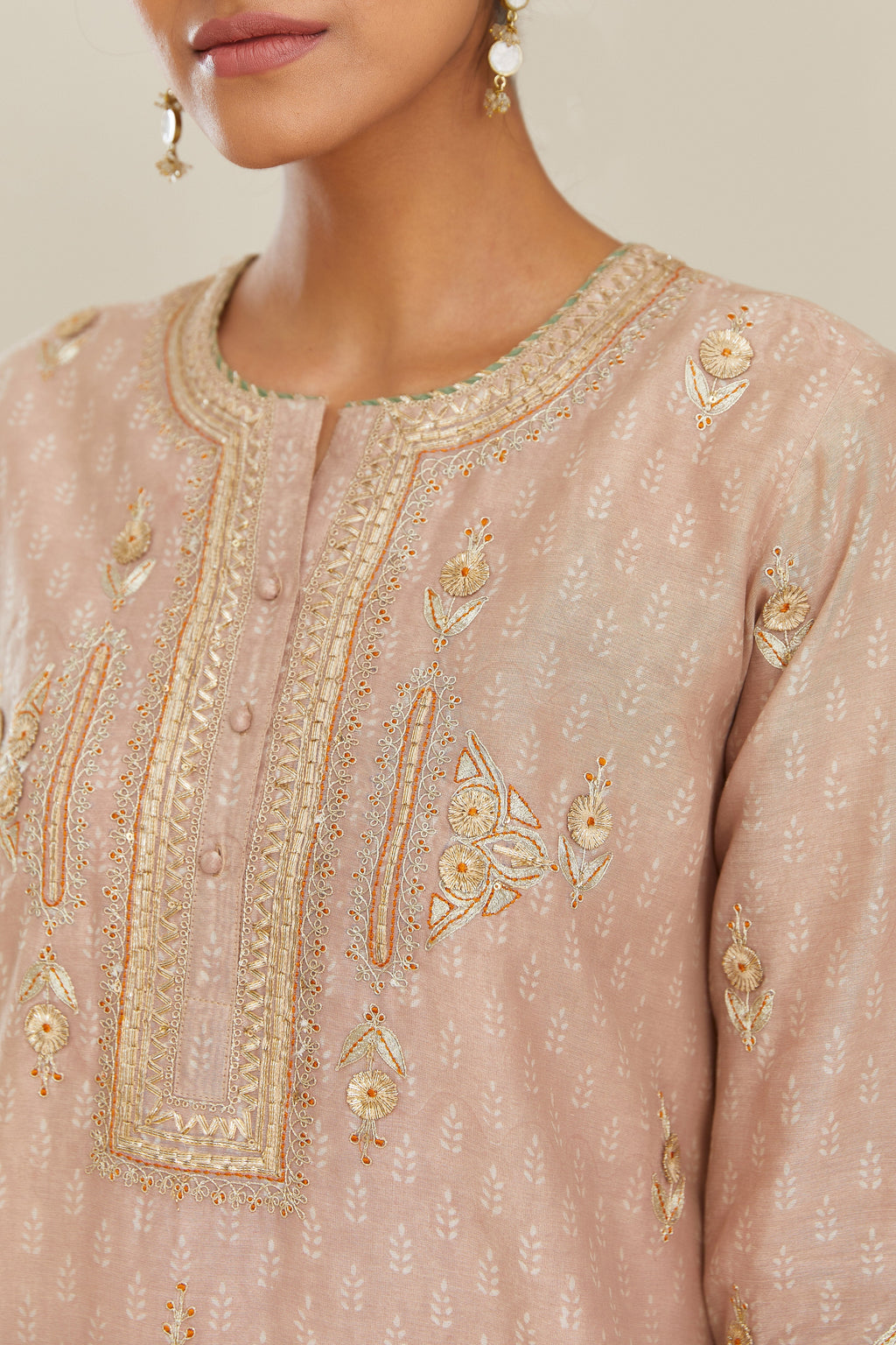 Old rose silk chanderi straight kurta set with gold gota and zari embroidery.