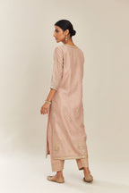 Old rose silk chanderi straight kurta set with gold gota and zari embroidery.