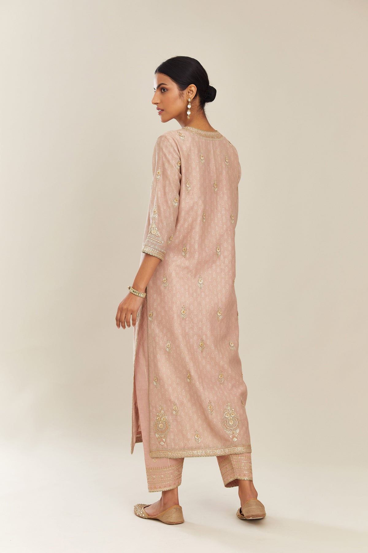Old rose silk chanderi straight kurta set with gold gota and zari embroidery.