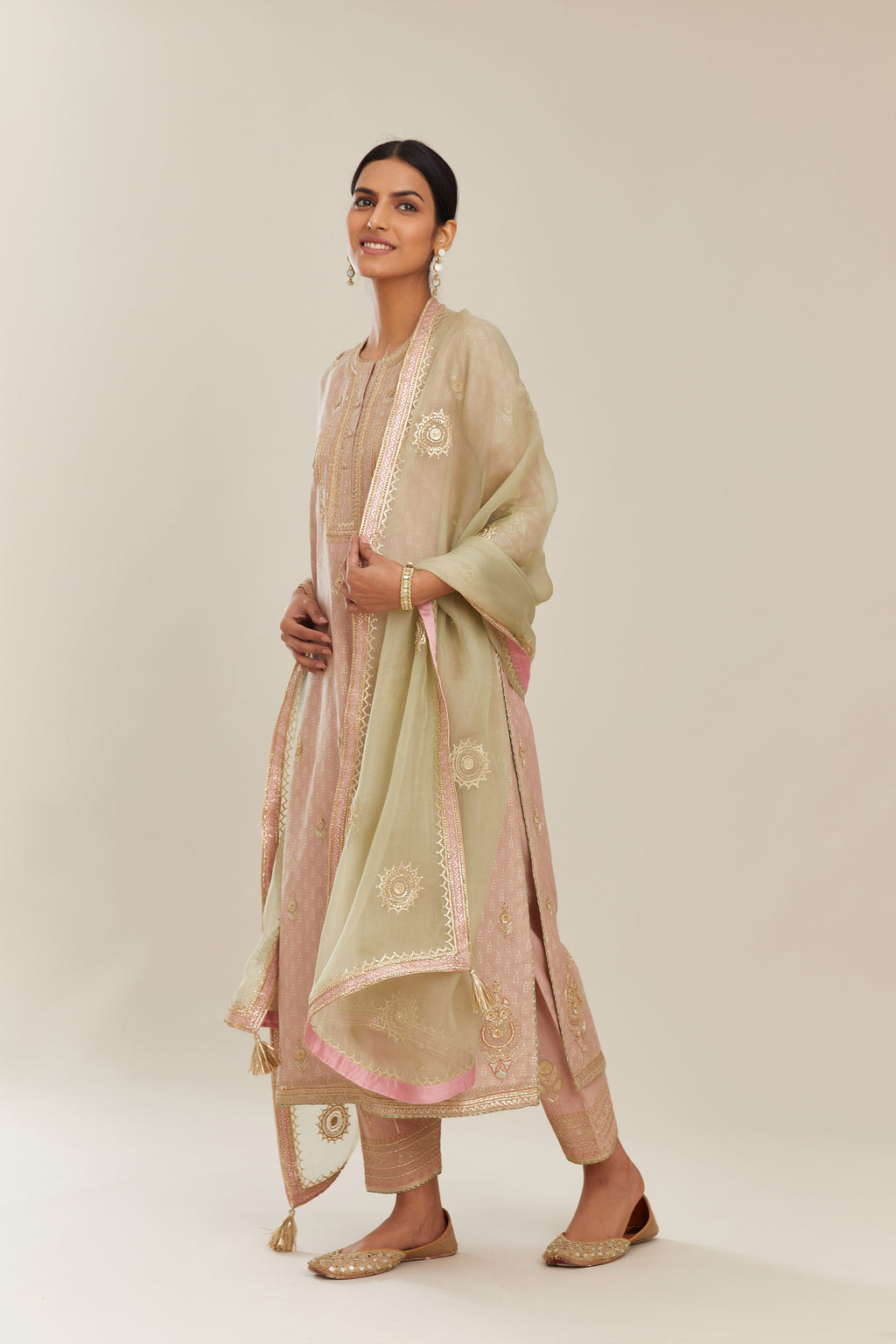 Old rose silk chanderi straight kurta set with gold gota and zari embroidery.