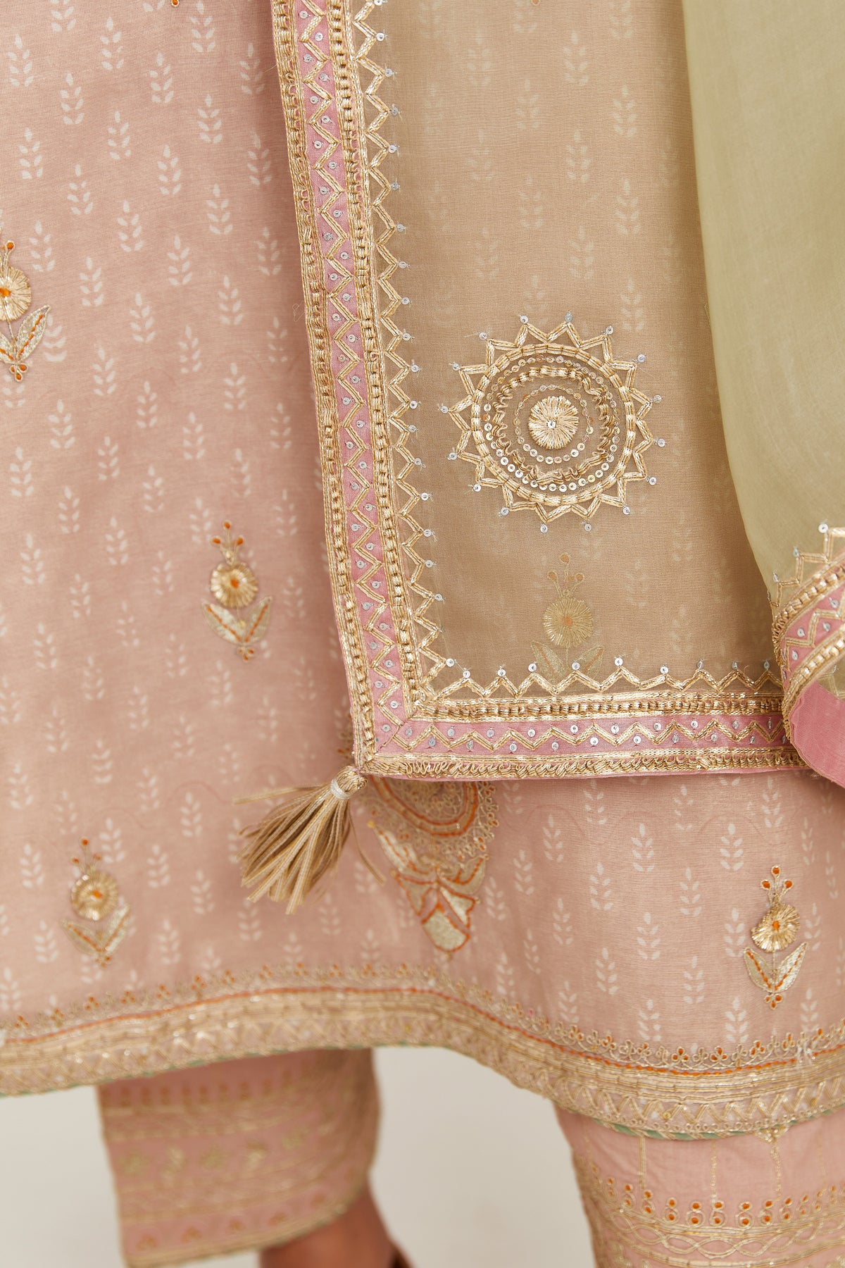 Old rose silk chanderi straight kurta set with gold gota and zari embroidery.