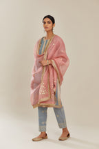 Powder blue hand block printed silk chanderi short kurta set, highlighted with gold gota and zari embroidery.