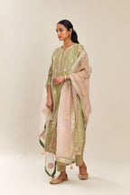 Sage green hand block printed silk chanderi kurta set with side panels, highlighted with gold gota and zari embroidery.
