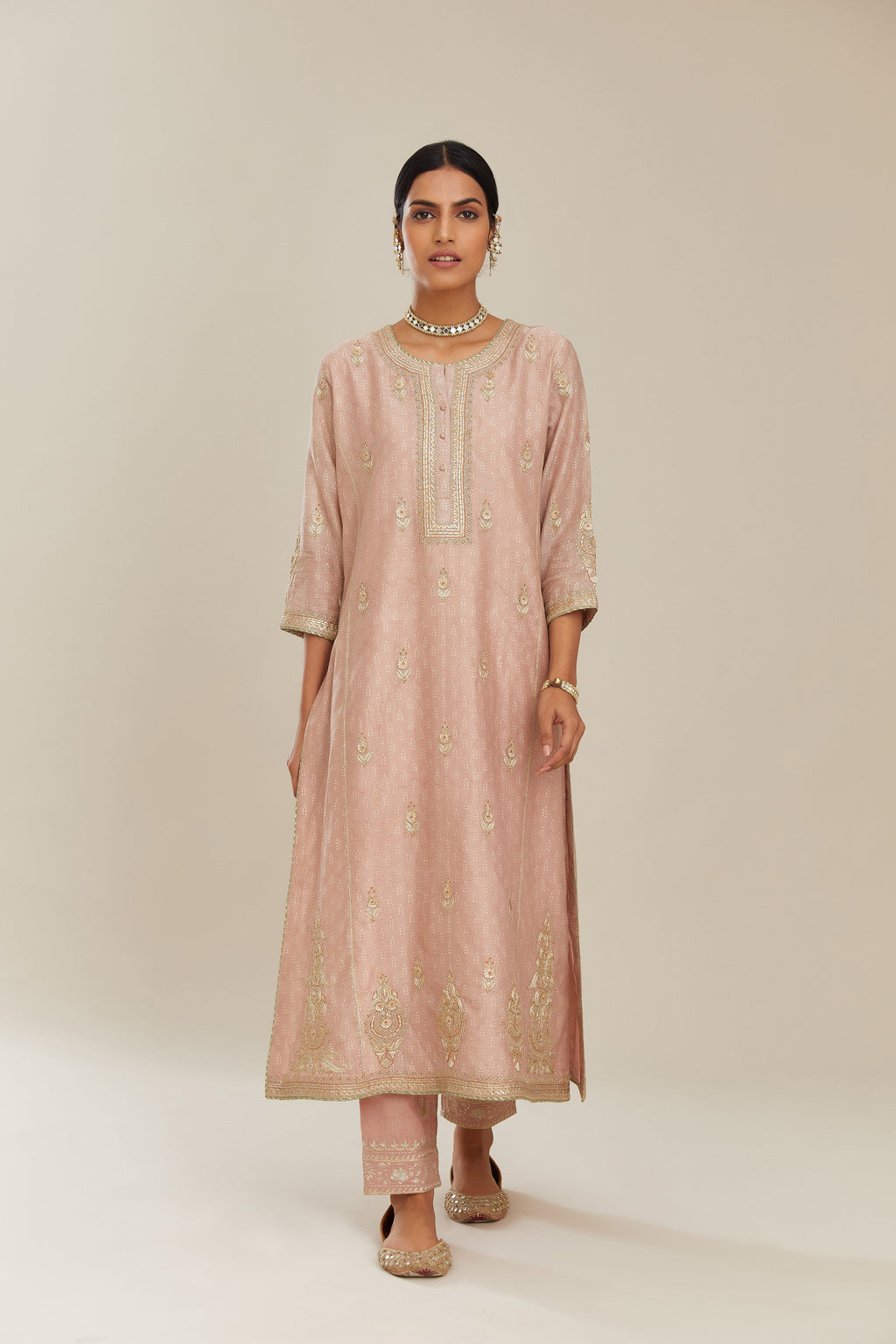 Old rose hand block printed silk chanderi kurta set with side panels, highlighted with gold gota and zari embroidery.