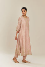 Old rose hand block printed silk chanderi kurta set with side panels, highlighted with gold gota and zari embroidery.